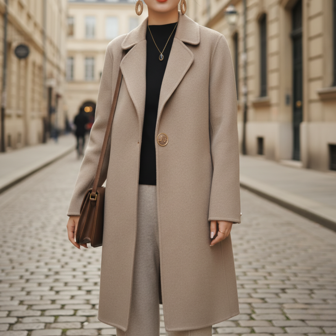 Women's short beige cashmere wool coat double-breasted closure elegant winter outerwear