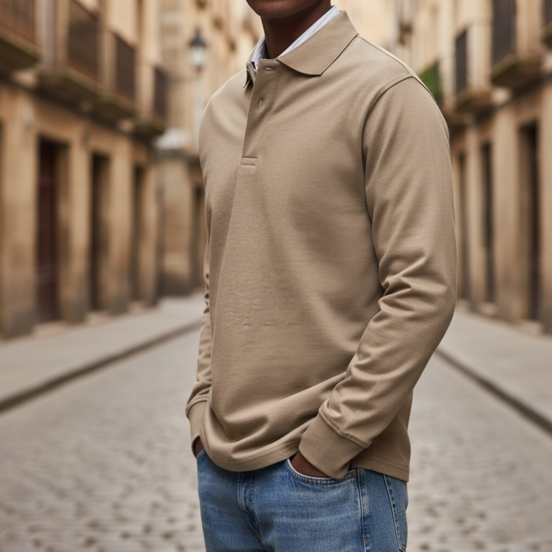 Men's long sleeve polo shirt button collar soft fabric relaxed fit casual style for cooler days