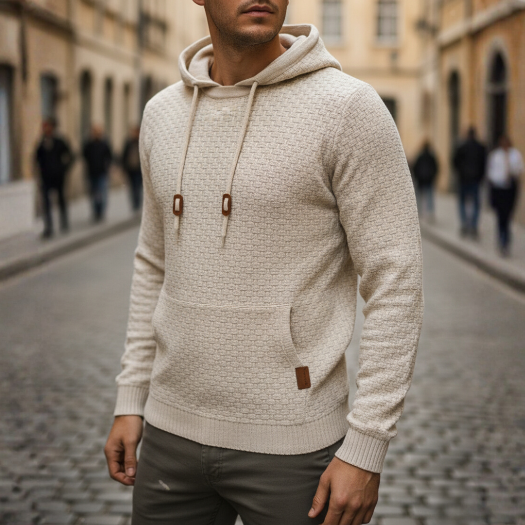 Men's beige polyester hoodie sweatshirt with adjustable hood and front pocket, casual sporty fit