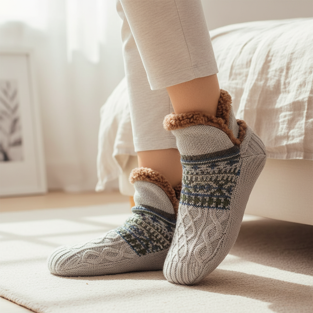 Unisex knitted polyester socks fur-lined top cozy winter warmth woven pattern soft loungewear