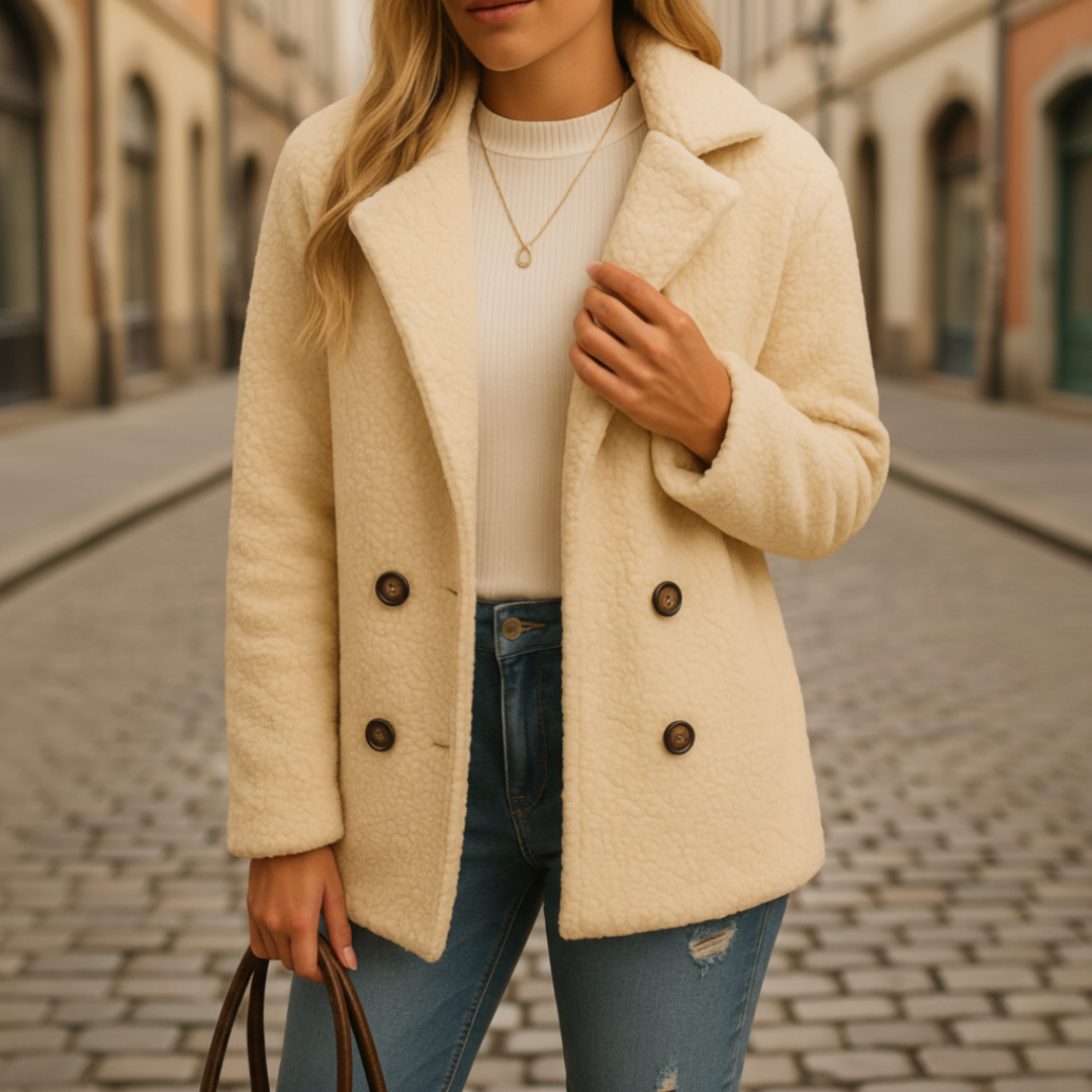 Women's cream beige wool blend teddy jacket, short double-breasted cozy chic winter coat