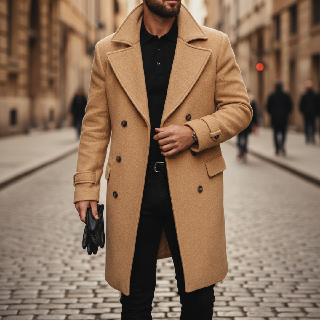 Men's gray wool double-breasted winter coat with thermal insulation for formal and casual wear