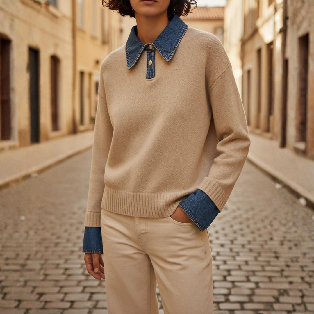 Women's casual knit sweater beige polyester relaxed fit with denim-detailed collar and cuffs