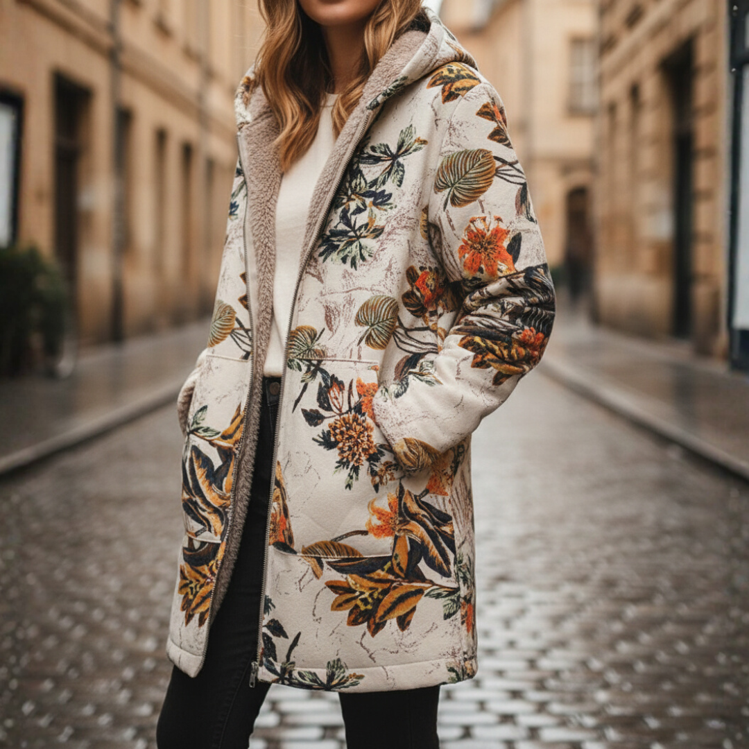 Women's floral hooded winter jacket with warm lining and zip closure, cozy modern style