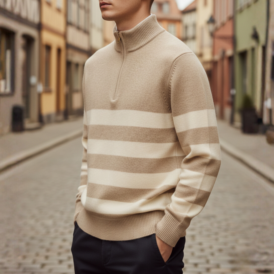 Men's half-zip striped sweater soft knit casual pullover with horizontal stripes in multicolor cozy fit