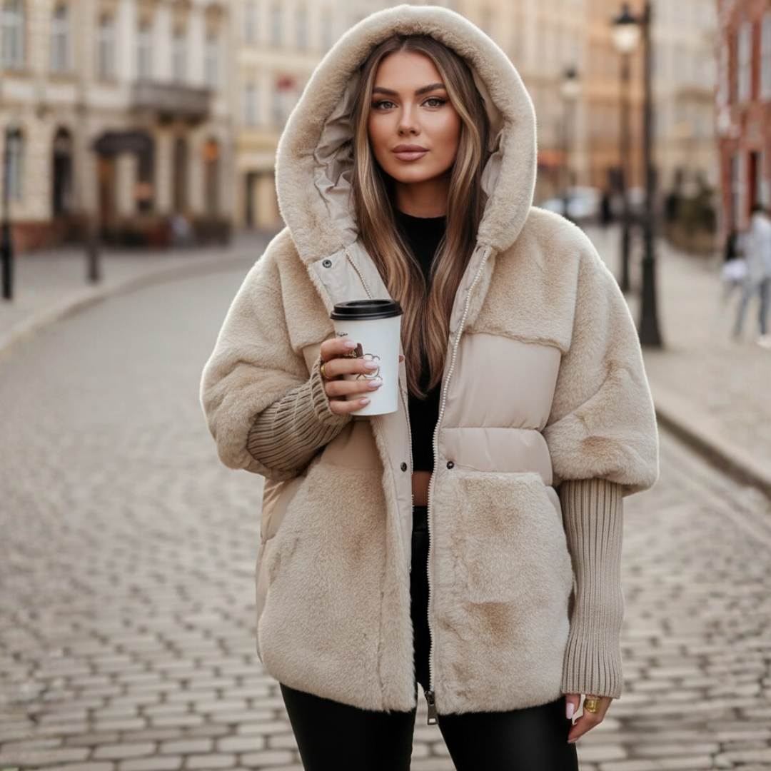 Women's hooded down jacket in cozy casual style with adjustable hood and front zipper for winter warmth