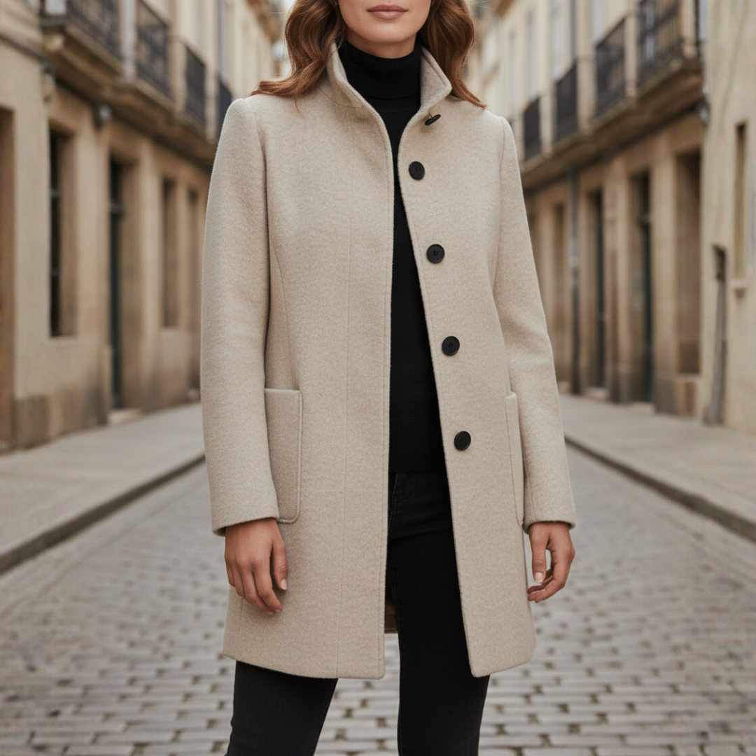 Women's versatile winter coat with black buttons, side pockets, modern silhouette in multiple colors