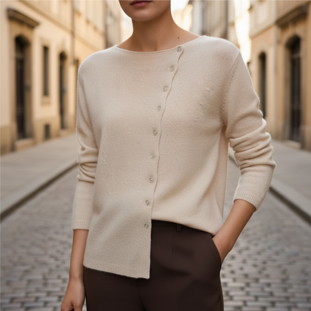 Women's button-front knit sweater with center closure, minimalist elegant style for casual autumn wear