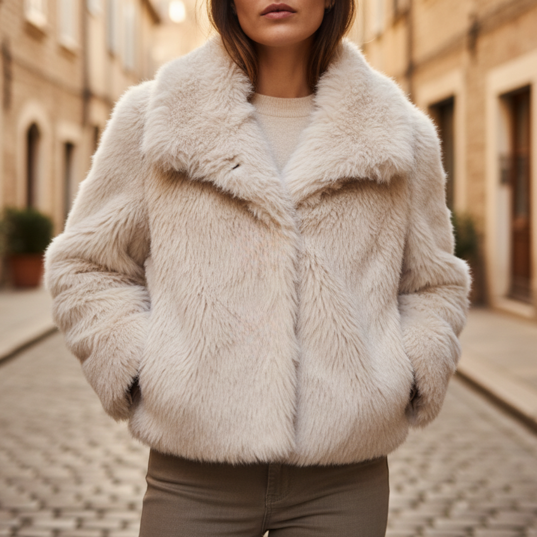 Women's faux fur long jacket beige casual winter coat with collar and front pockets