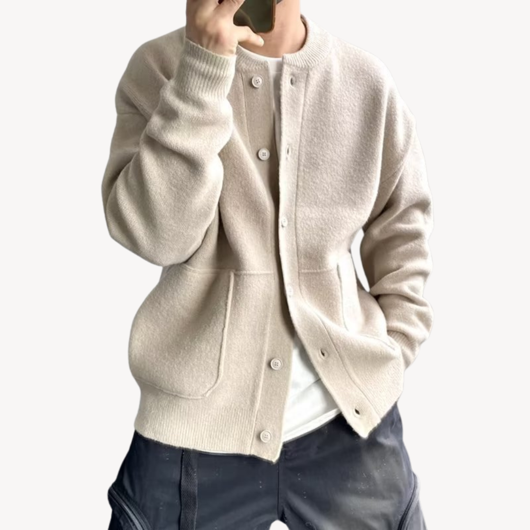 Men's relaxed fit wool blend cardigan with button closure, soft knit texture for smart everyday layering