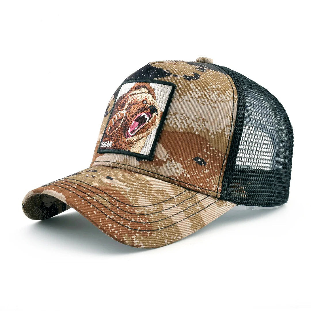 Hunter camouflage trucker hat with custom embroidered patch, pixelated desert camo snapback outdoor cap