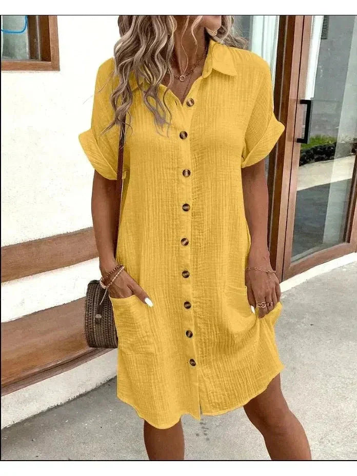 Women's casual chic polo dress with button-down front collar, relaxed silhouette, effortless everyday style