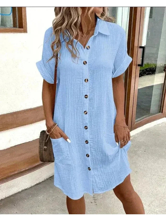 Women's casual chic polo dress with button-down front collar, relaxed silhouette everyday versatile fit
