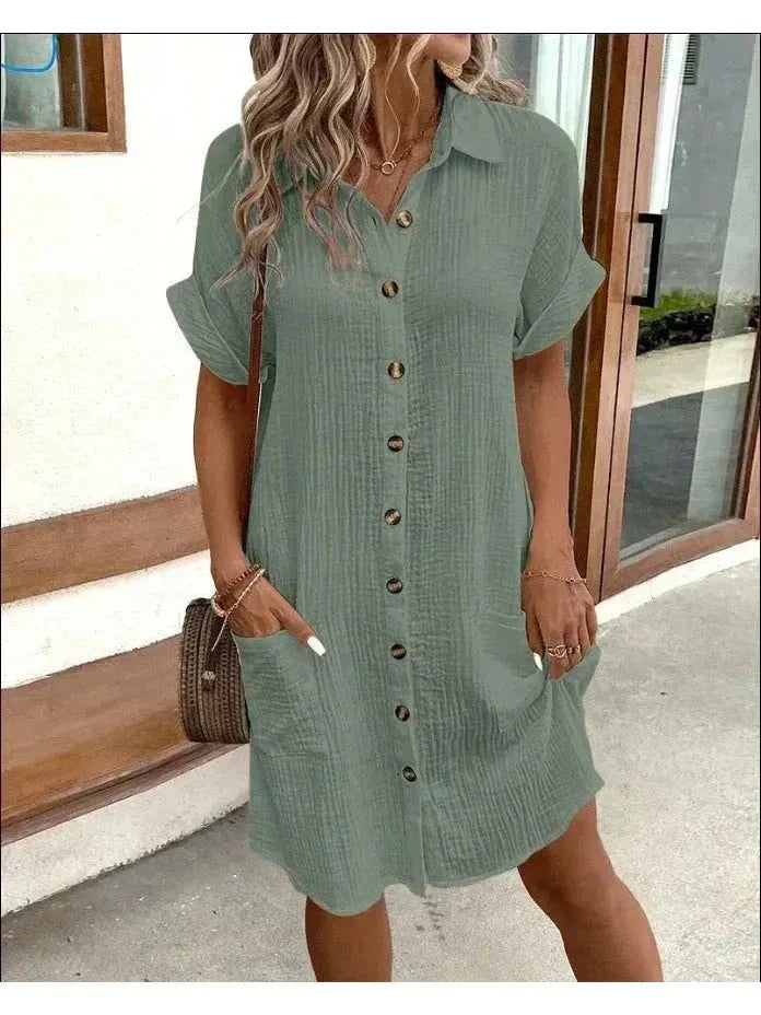 Women's casual chic polo dress with button-down front collar, relaxed silhouette, everyday versatile fit