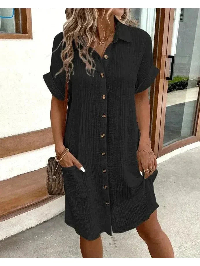 Women's casual chic polo dress with button-down front collar, relaxed silhouette everyday comfort fit