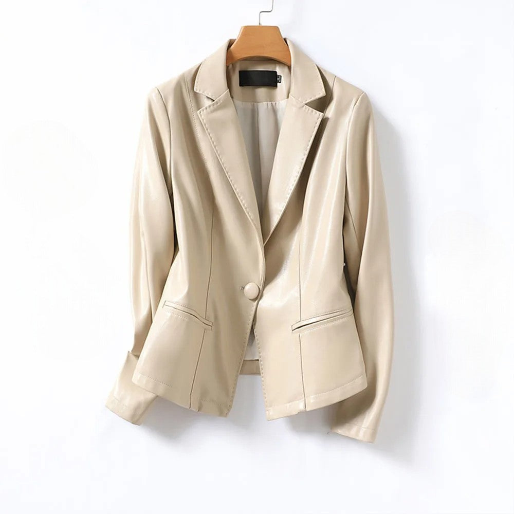 Women's black lambskin leather blazer slim fit notched lapels single button closure