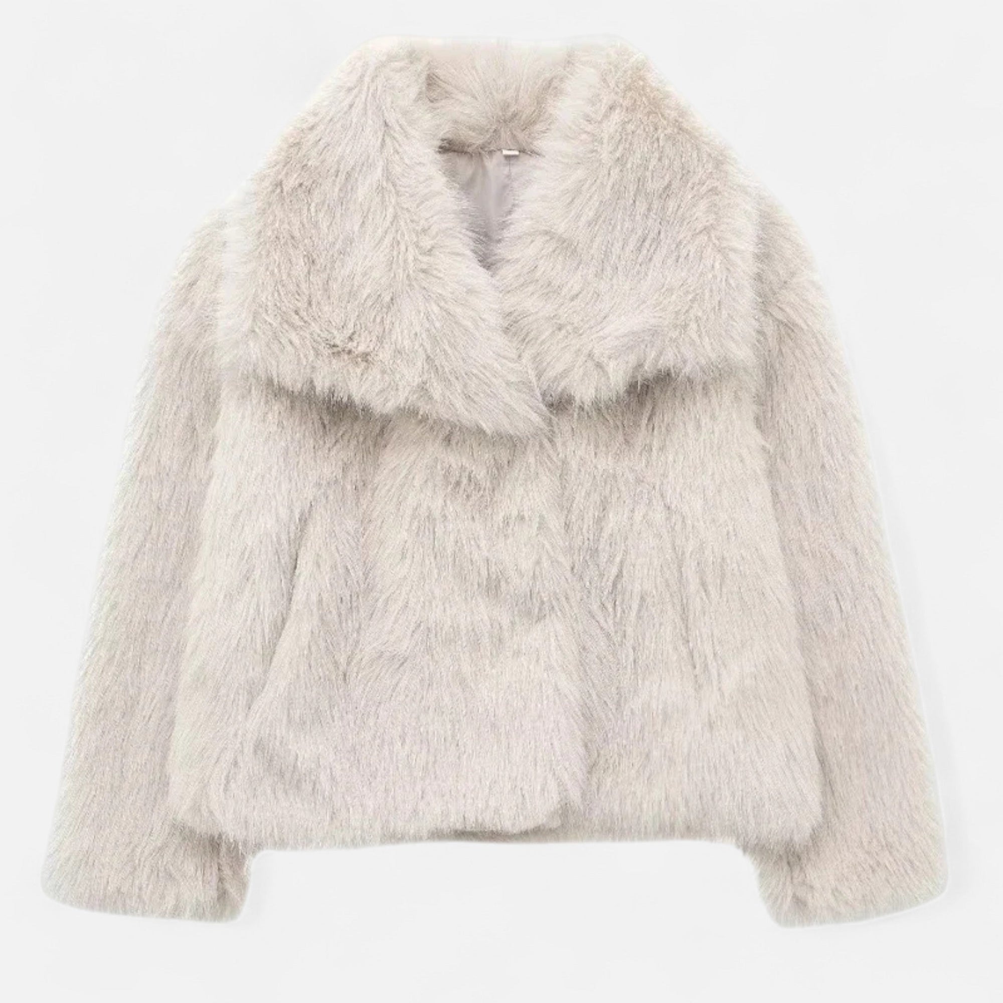 Women's cropped faux fur jacket with plush texture, chic oversized collar, warm and stylish everyday wear