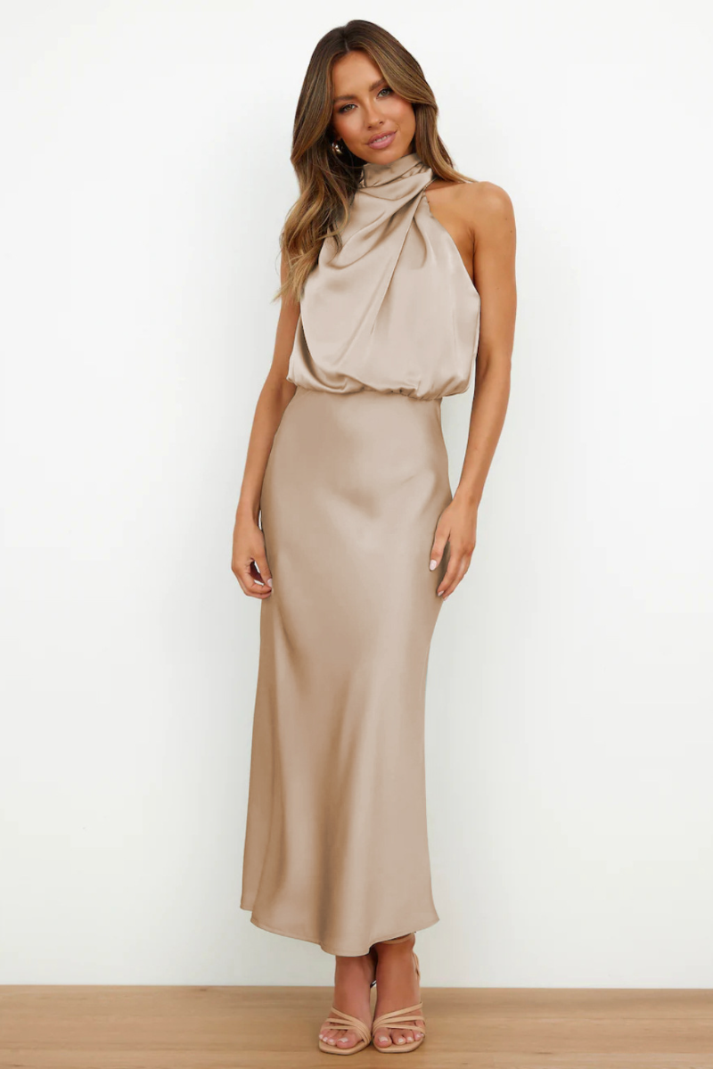 Elegant women's midi dress asymmetrical round neckline figure-hugging soft fabric evening occasion