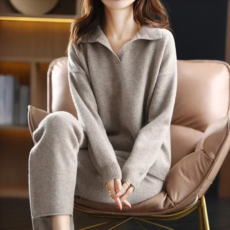 Women's ivory cashmere two-piece lounge set relaxed silhouette lightweight breathable 100% premium cashmere