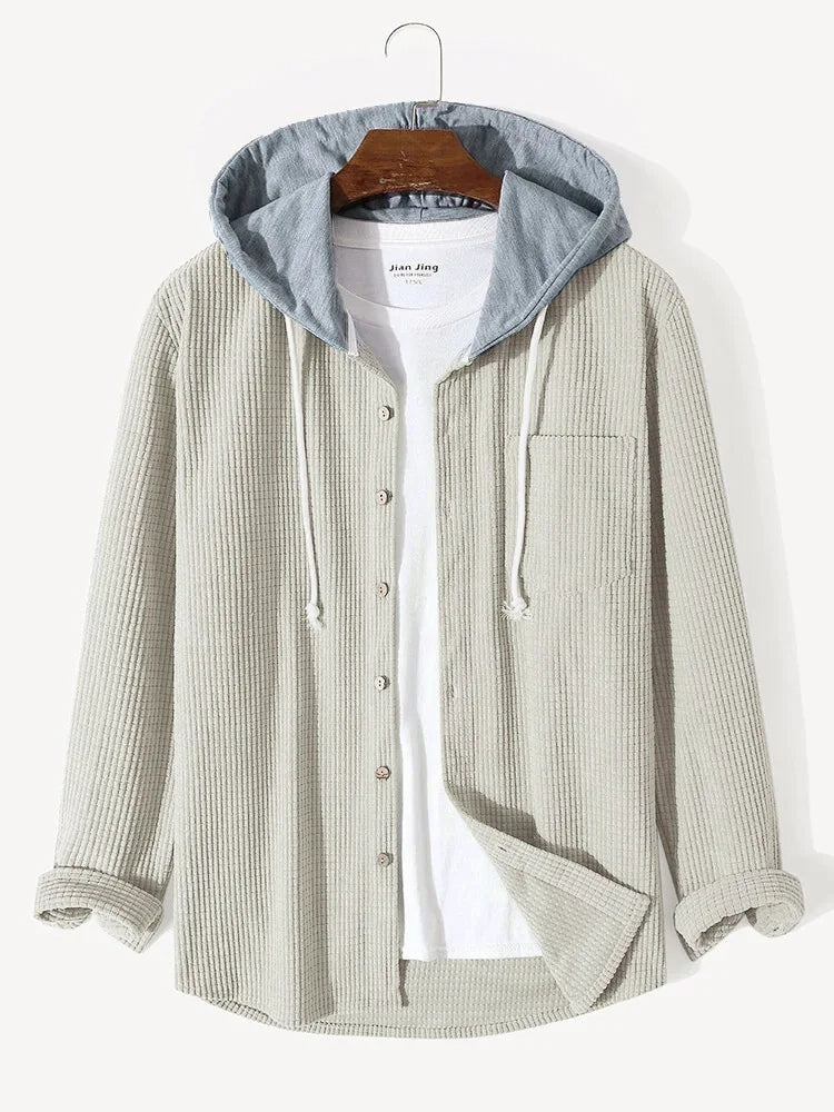 Men's relaxed waffle knit hoodie shirt, soft cotton-blend fabric with button-up front and built-in hood