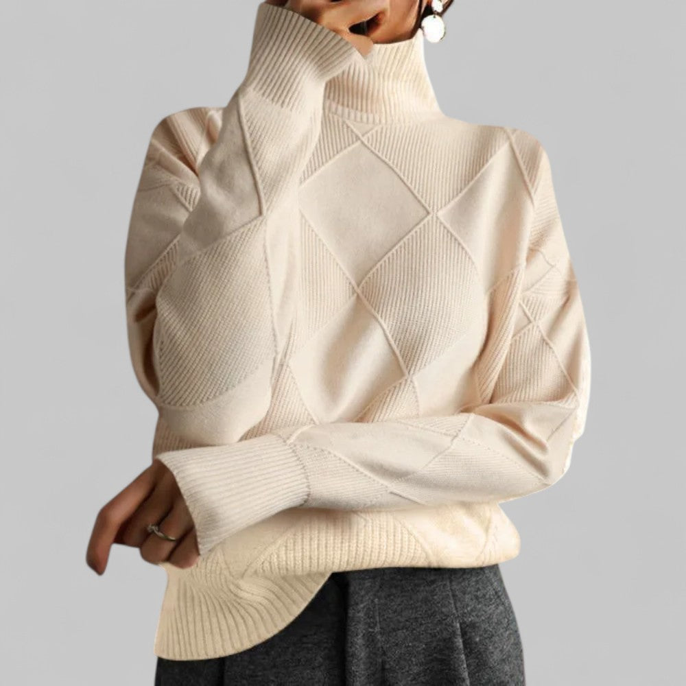 Violet women's turtleneck sweater with diamond-knit pattern, cozy winter style in bold purple