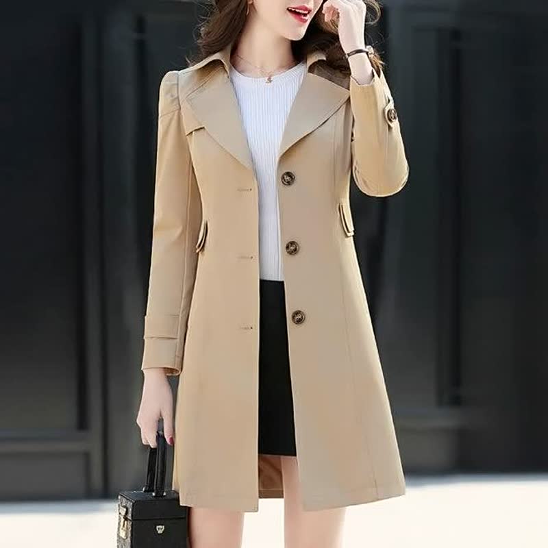 Women's tailored long trench coat in classic neutral tone with double-breasted button-down closure