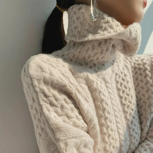 Women's cream cable knit turtleneck sweater with chunky texture, long sleeves, regular fit