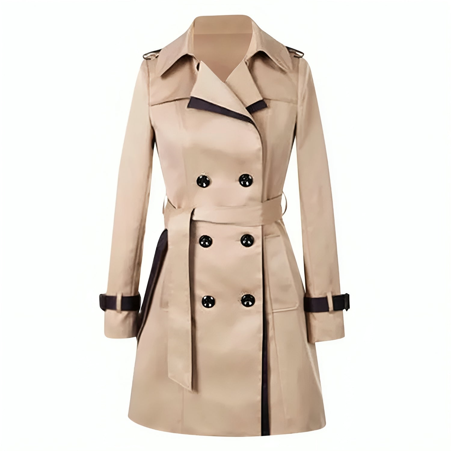 Stella women's double-breasted trench coat in classic beige with structured silhouette and timeless elegance