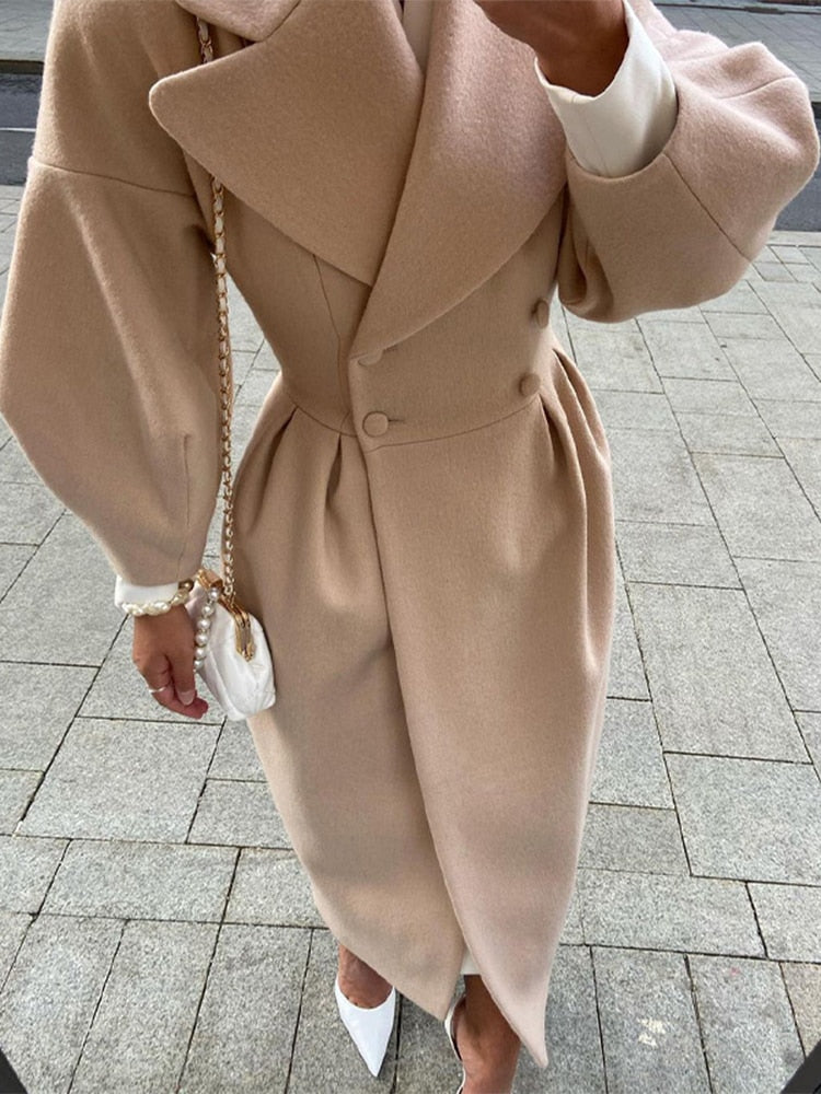 Women's double-breasted long trench coat with wide lapels, tailored fit for classic officewear style