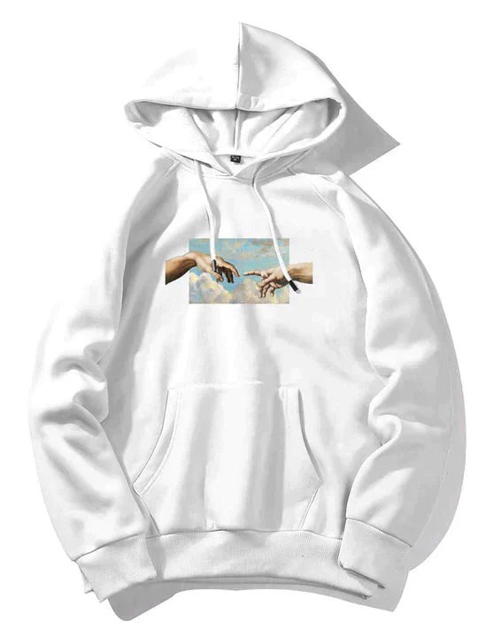 Men's black graphic art hoodie fleece sweatshirt with classical hands reaching chest print