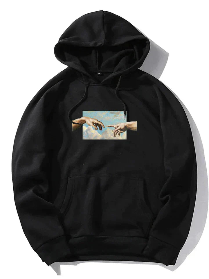 Men's black graphic hoodie with classical art hands print, soft fleece pullover athleisure sweatshirt