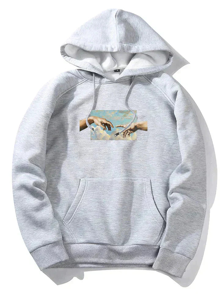 Men's black graphic art hoodie fleece pullover with classical hands reaching chest print