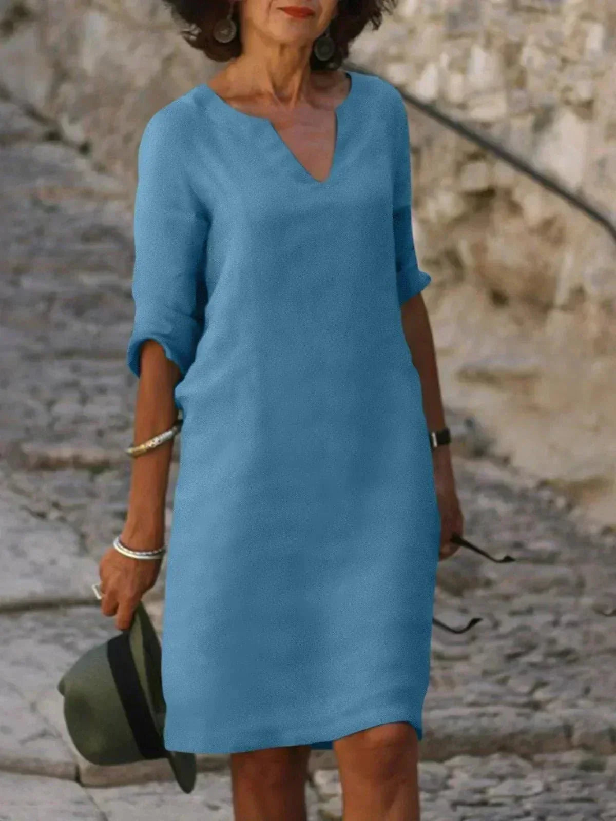 Women's relaxed midi dress with soft V-neck, fluid draping, three-quarter sleeves, casual everyday style