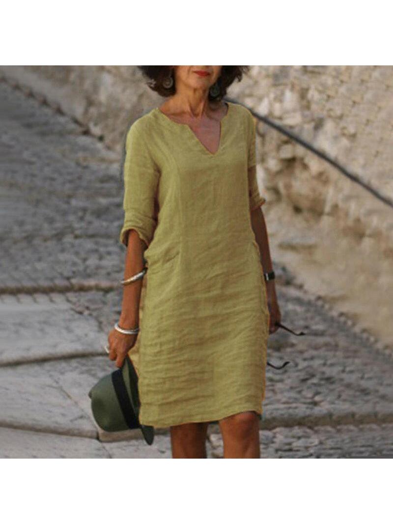 Women's relaxed v-neck midi dress with fluid draping and three-quarter sleeves for effortless everyday style