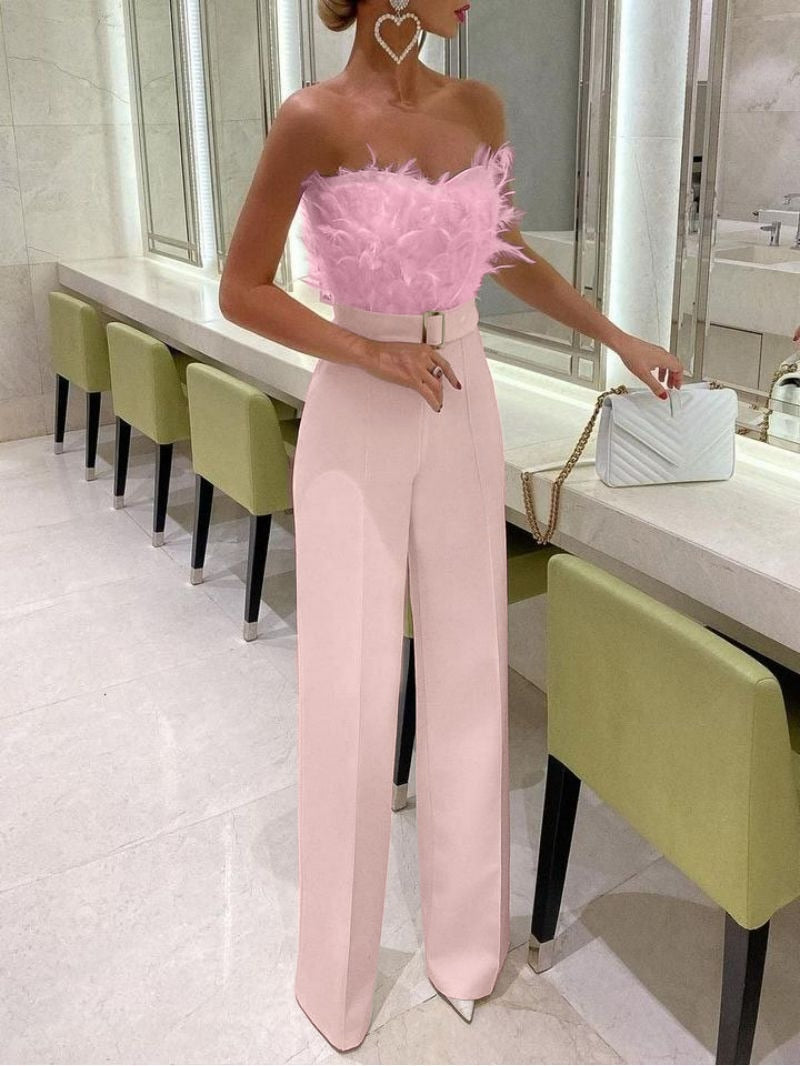 Black feathered tube top set women glamorous eveningwear fitted bodice flowing floor-length silhouette