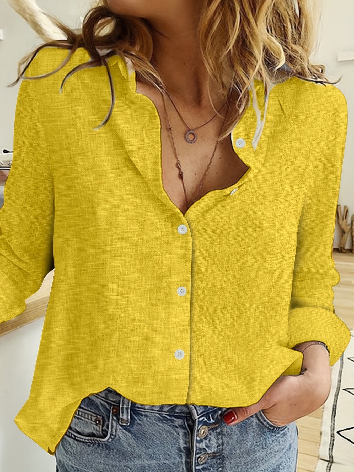 Women's relaxed-fit linen blend button-up shirt, lightweight breathable everyday essential for spring