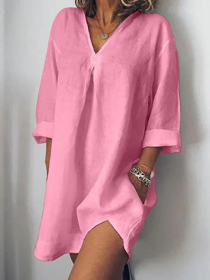 Women's relaxed-fit linen dress V-neck short sleeves breathable natural texture casual everyday