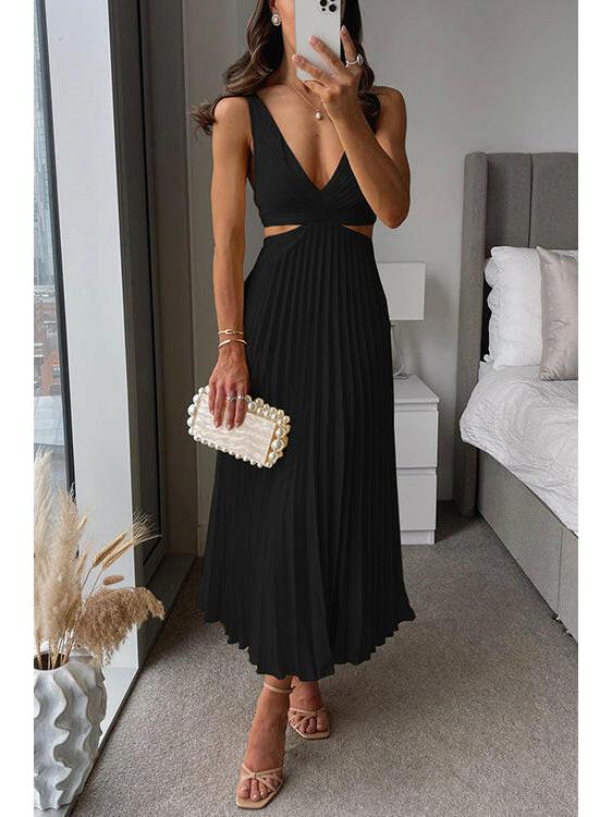 Women's black elegant pleated cocktail dress with lustrous finish and timeless chic silhouette
