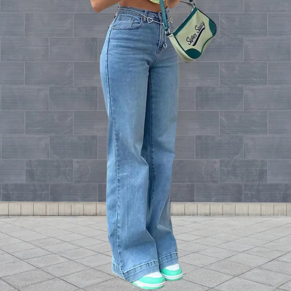 Light blue high waist wide-leg denim jeans women retro vibe relaxed silhouette comfortable fit
