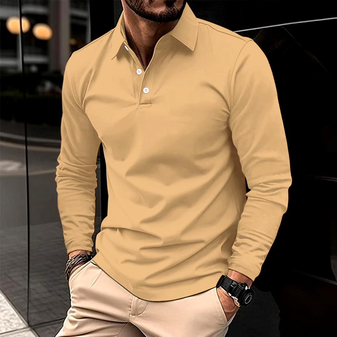 Navy blue tailored men's long sleeve polo shirt slim fit classic collar three-button placket