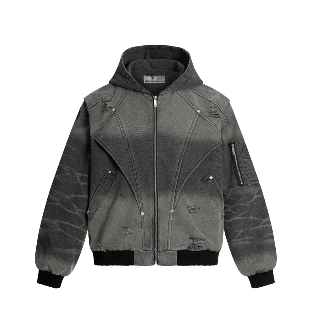 Men's faded cotton hooded jacket with distressed panels, zip pockets, and urban street style cut