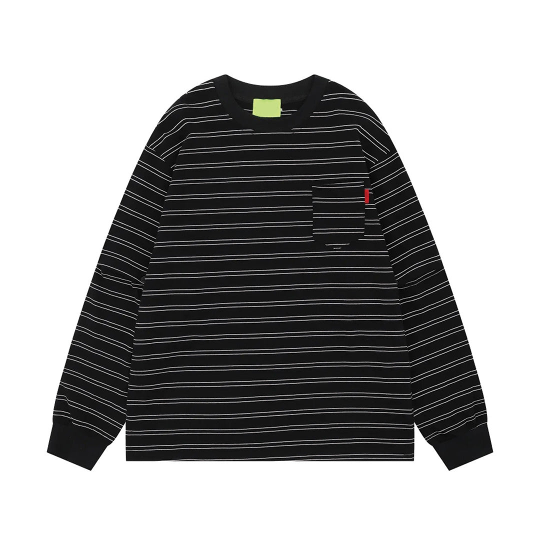 Men's striped cotton relaxed-fit pocket tee with chest pocket and subtle red tab detail