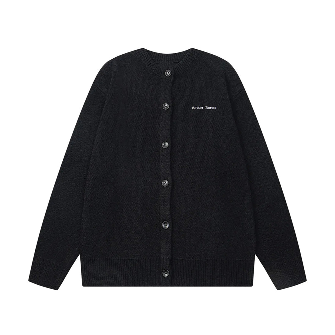 Relaxed fit open-front knit polyester cardigan unisex minimal chest logo crew neck layering
