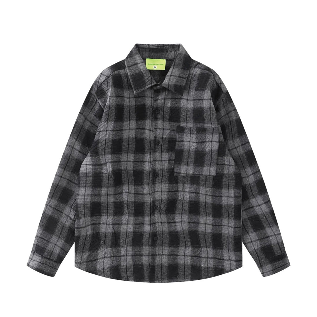 Vintage plaid flannel shirt loose fit, faded tones crinkled texture, 90s retro streetwear style