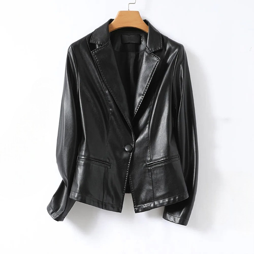 Women's black lambskin leather blazer jacket with notched lapels and single-button closure