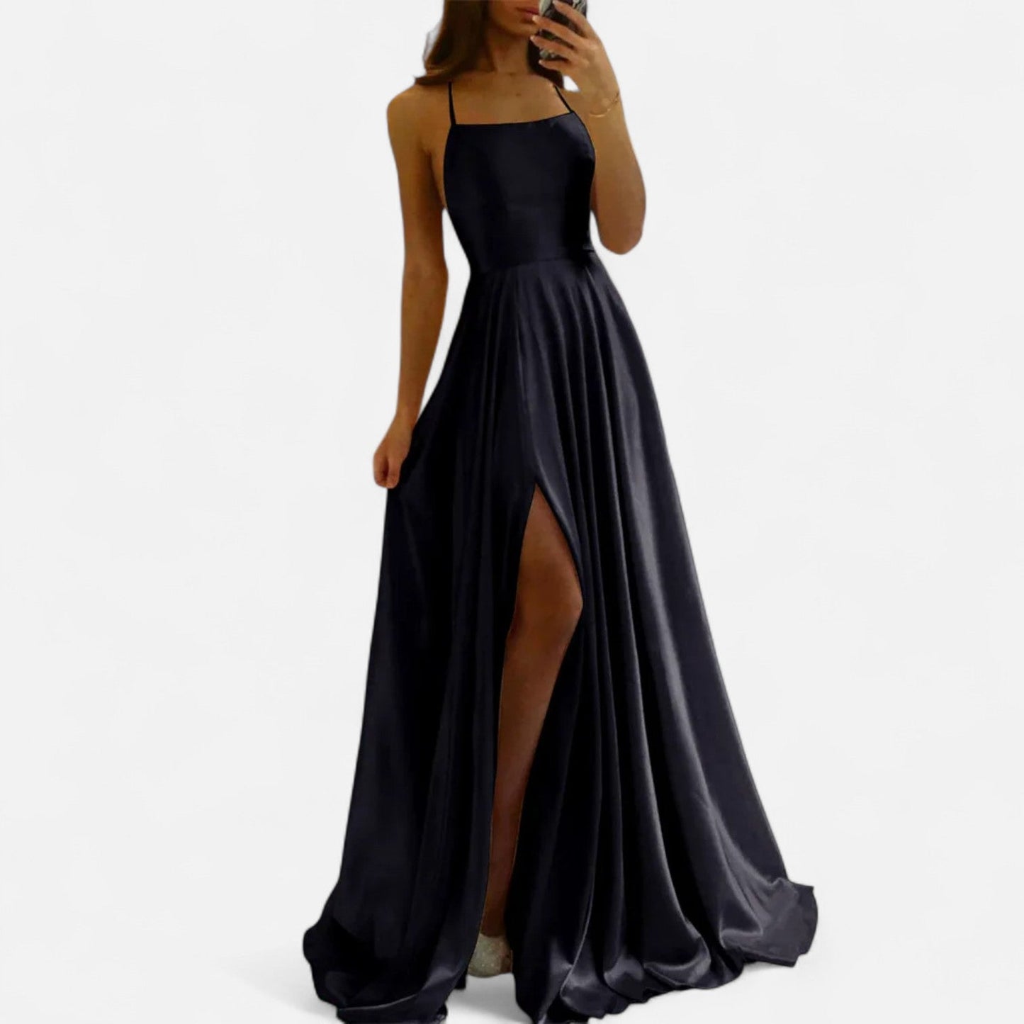 Women's luxurious satin floor-length evening gown with elegant draping, maxi silhouette for galas
