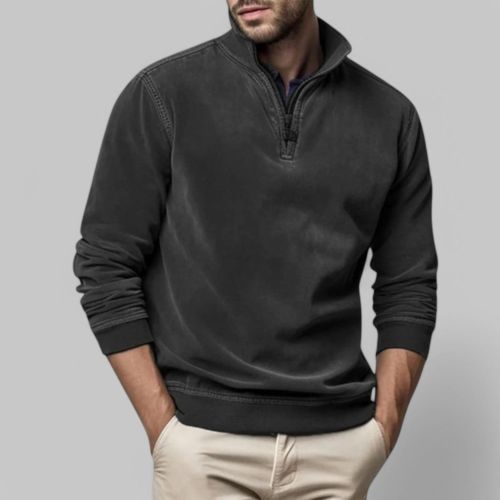 Men's grey half-zip stand collar jumper, relaxed casual sweater ideal for layering and everyday comfort