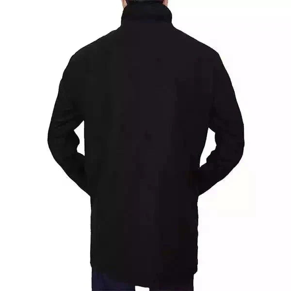 Men's black wool coat high neck stand collar tailored professional winter outerwear with viscose lining