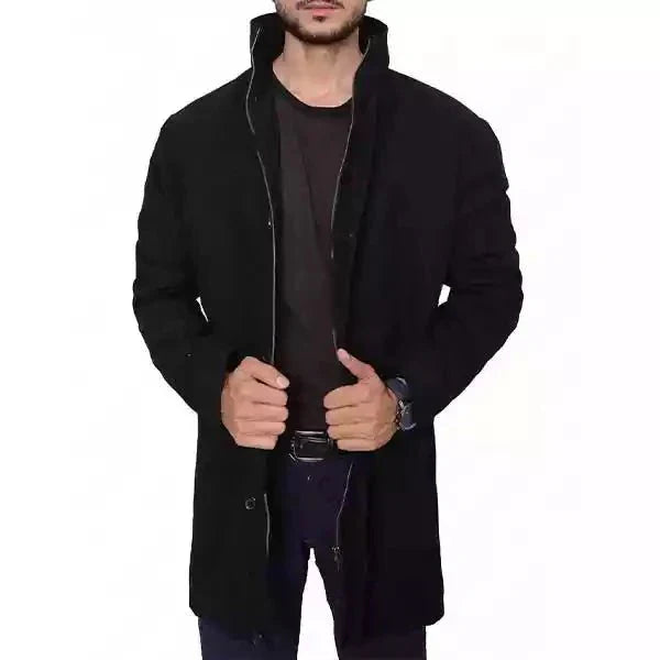 Men's black high neck wool coat stand collar professional winter outerwear by Urbann-Vibe