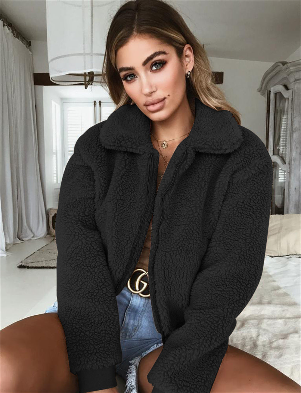 Women's cropped fleece zip-front jacket with turn-down collar, cozy relaxed fit for everyday casual style